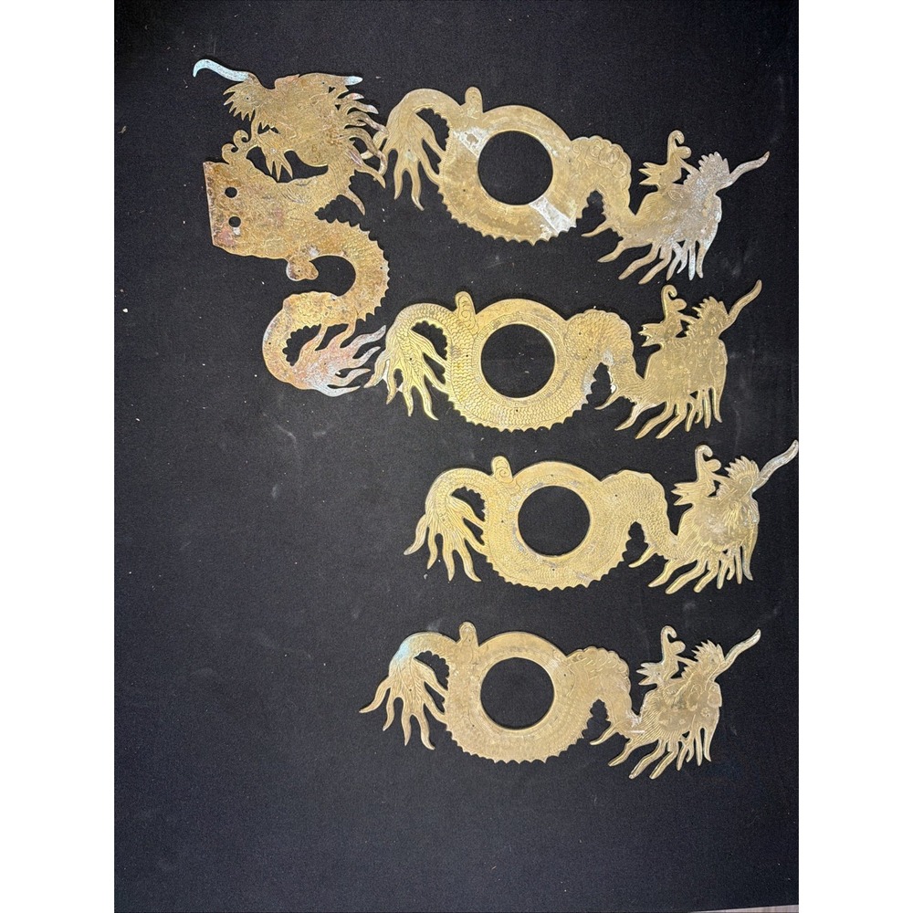 Vtg Brass Chinese Dragon Cabinet Hardware Plate Lot 5 Large 12" Hong Kong